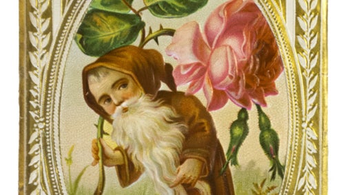 A Valentine's card showing a gnome carrying a rose at Mr Straw's House, Nottinghamshire